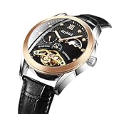 Hswt Automatische mechanische Uhr Männer und Frauen Gemischtes Metallarmband Edelstahl Schwarze Simulation Unisex Wasserdicht Skelettbewegung,A
