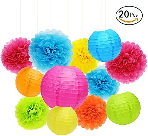 APLANET Set of 20 Assorted Rainbow Color Paper Pom Poms and Paper Lanterns, 5 Colors, for Party, Baby Shower and Wedding Decorations
