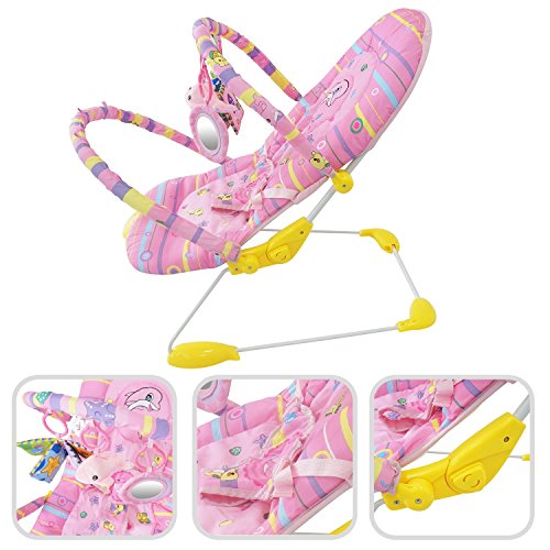 Vibrating baby bouncer with musical function - Adjustable pink bouncer with 2 toybars and educational toys