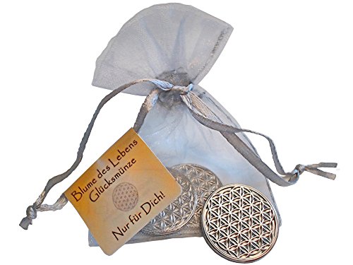 EnerChrom Blume des Lebens-Glücksmünze als Glücksbringer | Lebensblume-Talisman | Metall-Farbe: silber | 3 Stück im Organzasäckchen als Geschenk-SET