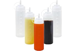 Hshenjhu 5 Pezzi Bottiglia Squeeze di Plastica, 360ml Trasparente Bottiglia per Squeeze con Tappi, Squeeze Bottle con Scala Senza BPA, per Ketchup, Senape, Mayo, Salse piccanti, Olio D'oliva