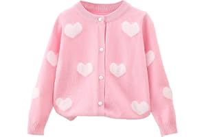 Routefuture Cardigan Boutonné Bébé Filles Tricoté à Manches Longues Pull Chic Impression de Coeur Gilet Manteau en Tricot Souple Tout Petit Blouson Cadeau Petite Fille 1-7 Ans