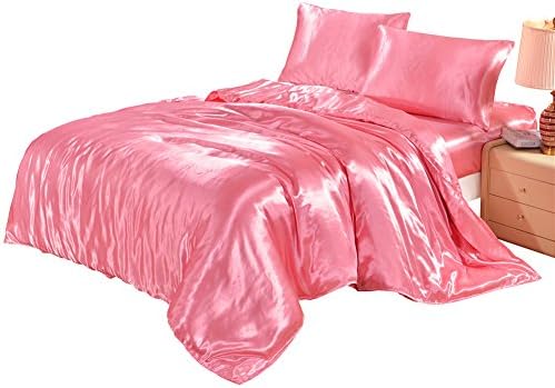 3 pcs satin silk duvet cover bedset with pillowcasw (pink, double)