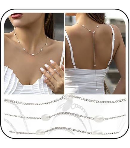 Aneneiceera Boho Collana Con Schiena di Perle e Sfondo in Argento - Catena per il Corpo Retrò Estate da Sposa - Lariat Lunga a Goccia