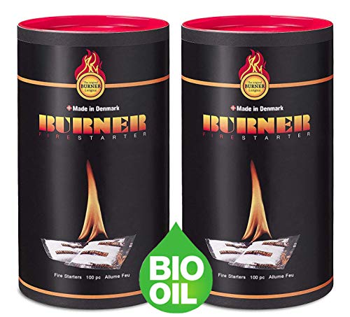 Burner Encendedor de fuego original 200 pcs - inciador de fuego en aceite Bio para BBQ, Fuegos, Estufas, Hornos y Fumadores - 2 x Barriles de 100 bolsas