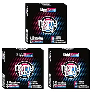 NOTTY BOY BiggBang 4-in-1 Climax Delay Ribbed Dotted Contoured Extra Time Condom For Men - 9 Count (Pack of 3)