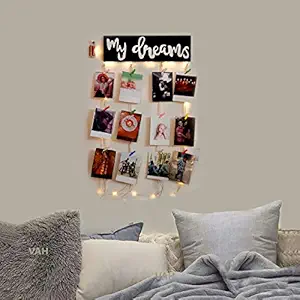 VAH My Dream with Lightdesign Hanging Photo Display Picture Frame Collage Picture Display Organizer with Wood Clips LED Light for Wall Decor Hanging Photos