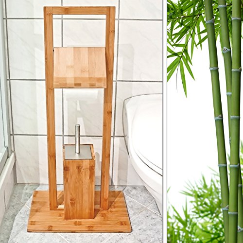 Relaxdays WC Garnitur aus Bambus H x B x T: ca. 82 x 36 x 21 cm schicker Toilettenpapierhalter aus Holz mit separatem Kunststoffbehälter Standgarnitur mit Toilettenbürste und Klorollenhalter, natur - 2