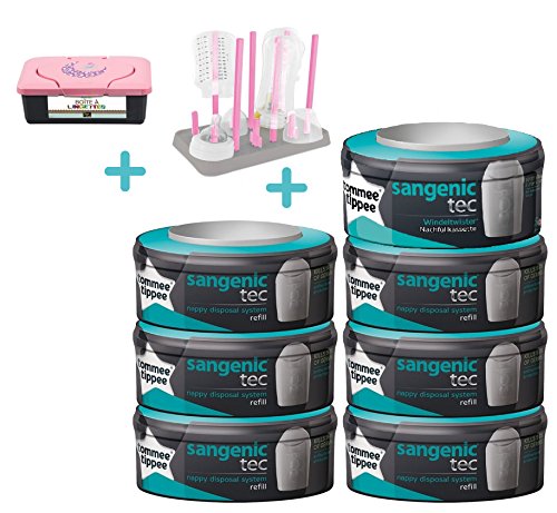 Sangenic Recambios para el contenedor pack de 7 + Kit para Secado + Dispensador Toallitas PINK/ROSA