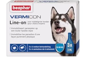 BEAPHAR - VERMICON Line-on Middelgrote Hond - Immobiliseert Vlooien en Teken OP Een Louter Fysieke Wijze - OP Basis Van Dimethicon - Preventieve Werking Van Maximum 4 Weken - 3 Pipetten Van 3ml