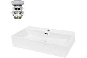 ECD Germany Waschbecken Waschtisch 605x365x130 mm Keramik Eckig Weiß inkl. Ablaufgarnitur für Waschbecken mit Überlauf Aufsatzbecken Aufsatzwaschbecken Aufsatzwaschtisch Waschschale Spülbecken Becken