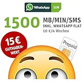 WhatsApp SIM Prepaid [SIM, Micro-SIM, Nano-SIM] - Starterpaket mit 15 EUR Guthabenwert, ohne  Vertragsbindung, Option mit 1500 Einheiten für MB/MIN/SMS + EU inklusive, jederzeit kündbar, Surf-Geschwindigkeit: 21,6 MBit/s LTE