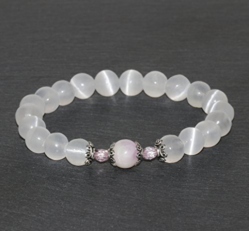 8mm White Calcite and Kunzite Bracelet, Iceland Spar, Optical Calcite, Handmade Beaded Gemstone Bracelet, Czech Crystals,White Pink Bracelet