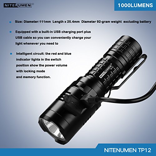 Das Set für USB aufladbare Taschenlampe wiederaufladbare wasserdichte Taschenlampe,professionelle Ultra-Bright 1000 Lumen von CREE XP-L V5 Taschen-Größe LED-Taschenlampe,5 Licht-Modi-NITENUMEN TP12 - 3