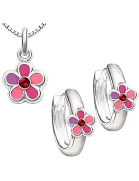 CLEVER SCHMUCK-SET Silberne Creolen Blume rosa pink lila mit pinkfarbenen Zirkonia und passender Anhänger STERLING...