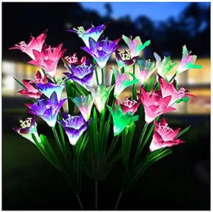 XERGY Outdoor LED Solar Landscape Decorative Garden Lights ( Pack of 3, Stakes with 12 Lily Flower, Pink; White and Purple Flowers)