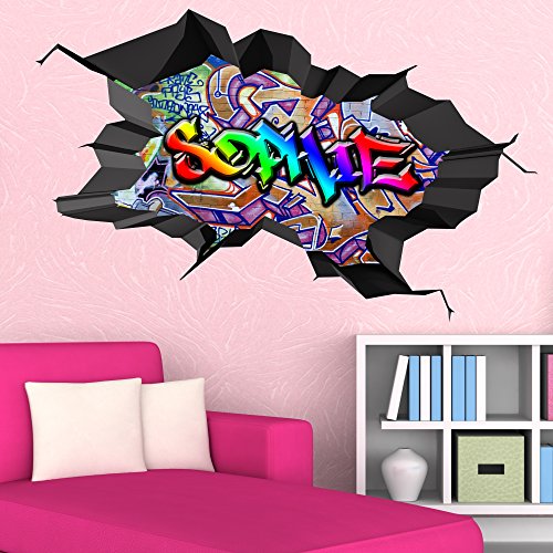 MULTI VOLLE FARBE PERSONALISIERT 3D GRAFFITI NAME AUSGEBROCHENES WANDKUNST AUFKLEBER WANDSTICKER – M 90cm(W) x 56cm (H) - 3