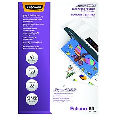 Fellowes 5440001 Super Quick Pochettes de plastification brillantes Capture 80 microns A4 - Pack de 100 Transparent
