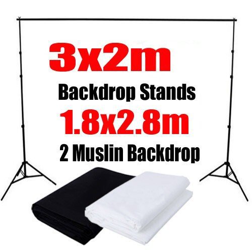 Professional Lighting Studio Strobe Flash Kit with 540W = 3* 180W Flashlight + 3* Light stand + 3* Soft box + Trigger + Receiver + Barn door ---- FREE 1.8m * 2.8m Black & White Cotton Muslin Backdrop + 2m * 3m Background Support Stand
