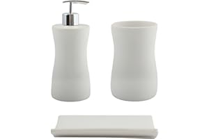 MSV Set da 3 accessori per il bagno, con dispenser per sapone, portasapone e portaspazzolino, in ceramica, colore bianco