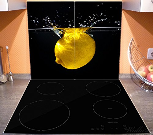 Wallario Herdabdeckplatte / Spritzschutz aus Glas, 2-teilig, 60x52cm, für Ceran- und Induktionsherde, Zitrone im Wasser – Frisches Obst für die Küche - 3