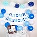 Produktbild infinimo Geburtstagsdeko Blau Weiß  Happy Birthday Partydeko mit vorgefädelter Girlande + Luftballons + Pompoms  für Geburtstag und Party
