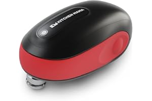 Apriscatole elettrico Kitchen Mama One-To-Go: Apre con un Tasto, Taglia Automaticamente Tutte le Lattine, con Auto-Stop, No Bordi Taglienti, Dispositivo Rimozione Coperchio (Rossa e Nera)