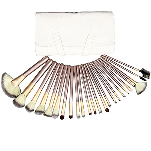 LA HAUTE 24 Pcs Top Grade Kabuki Makeup Brush Set Cosmetics Foundation Blending Blush Eyeliner Face Powder Brush Makeup Brush Kit With Synthetic Leather Case Color Beige