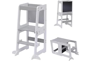 Kingwudo® Wooden Kitchen Helper Toddler Step Stool Kids Learning Tower with Blackboard and Safety Rail Adjustable Helper Standing Tower Nursery Step Stools