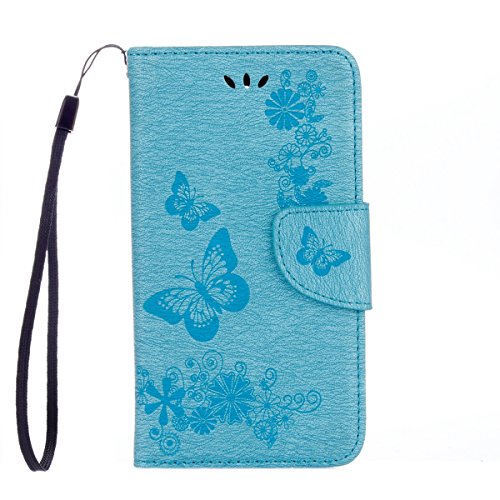 Galaxy J3 2017 Lederhülle,Samsung Galaxy J3 2017 Brieftasche,JAWSEU Vintage Retro Braun Schwarz Magnetverschluss Bookstyle Lanyard/Strap Kunstleder PU Leder Brieftasche Hülle Wallet Case Flip Cover Hü Blau Schmetterling