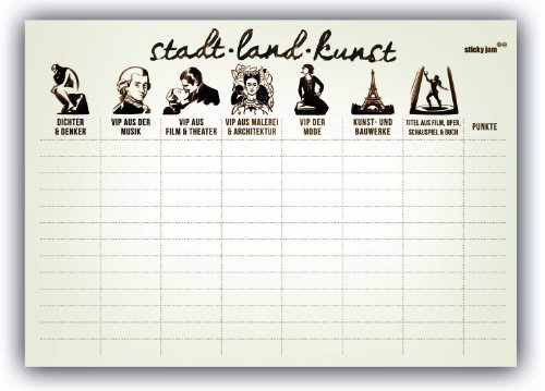 Sticky Jam - Lot de 50 Dessous de Table en Papier - Jeu du Baccalauréat - Stadt Land Kunst (ville/pays/artiste) [Import allemand]