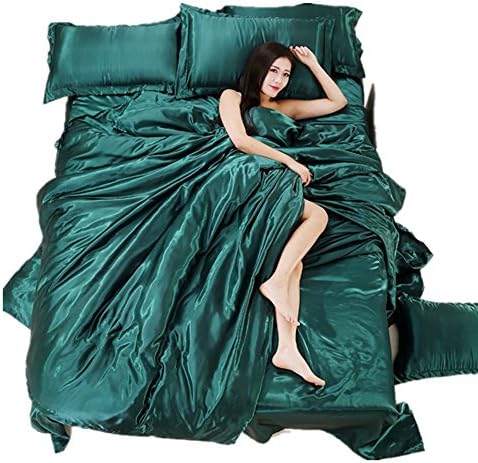 Autumn Luxury Silky Silk 4pcs Bedding Set 1 Fitted Sheet Deep 1 Duvet Cover 2 Pillowcases All KingSuper King^^^Blackish green