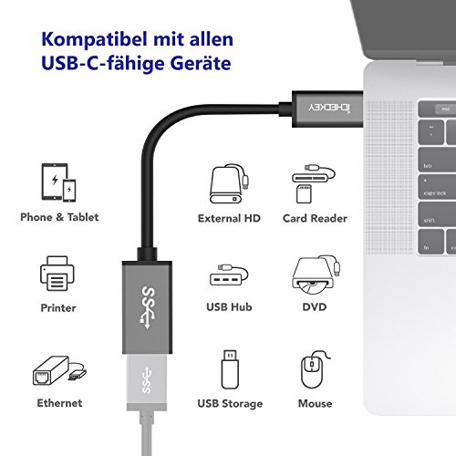 ICHECKEY USB C Adapter auf USB A Female 3.1 Type C Converter mit Kabel 15cm für MacBook/MacBook Pro/ChromeBook Pixel/Google Pixel C/Nokia N1 (Schwarz) - 3
