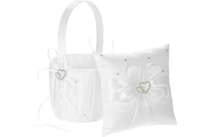 Funien Juego de Cesta de Flores con cojín de Anillo, 6 x 6 Pulgadas,Doble corazón,Satinado,con cojín para Portador de Anillos y Cesta de Flores de Boda con decoración de Cinta de Diamantes de