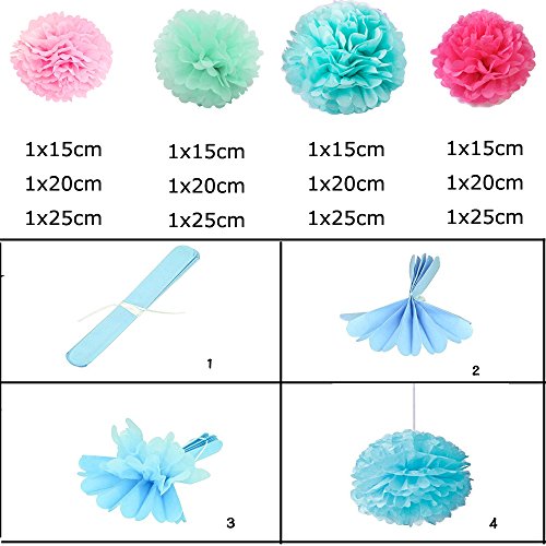 Freedom-vp Papier Pompom 12er 15cm/20cm/25cm Mixed DIY Papier Blumen PomPoms Zum Aufhängen Seidenpapier schöne Dekor für Geburtstag Hochzeitsfest Basteln Babyshower Dekoration Feier Party Baby-Duschen Brautduschen Wohnungdeko (Farbe-2) - 6