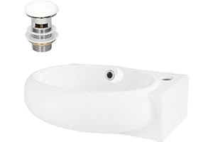 ML DESIGN MODERN LIVING ML-Design Lavabo da Appoggio in Ceramica Bianca 43x28x15 cm con Set di Scarico in Ceramica Lavandino Ovale con Foro per Rubinetto a Destra Lavamano Lavello con Montaggio a Parete Sanitari da Bagno