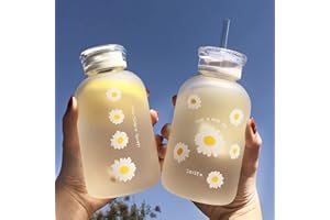 JZSMY Bouteille d'eau mignonne de 480 ml avec échelle 2 couvercles, petite marguerite, portable, transparente, bouteille en verre créative et pratique (1 pièce, 6 fleurs)
