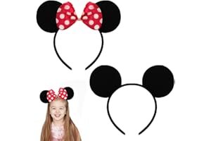 WISHSTAR Opaska do włosów z myszką, z uszami myszy, w kolorze czarnym, uszy myszy z czerwoną kokardką i białymi kropkami, opaska na czoło na karnawał, Halloween, imprezę urodzinową
