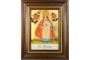 Hinterglaswerkstätten - Hinterglasbild / Patronatsbild "Hl. Fabian" mit braun gebeizten Holzrahmen, handbemalt mit Legende des Heiligen auf der Bildrückseite, ca. B: 12,5 x H: 16 cm