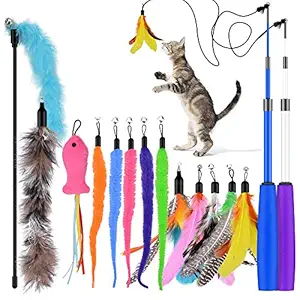 Oziral Cat Teaser, 15PCS Retractable Cat Toy Feather Teaser Cat Toy Cat Wand Feather Interactive Toys with Bells and Feather Refills Set for Indoor Cat and Kitten Exercise
