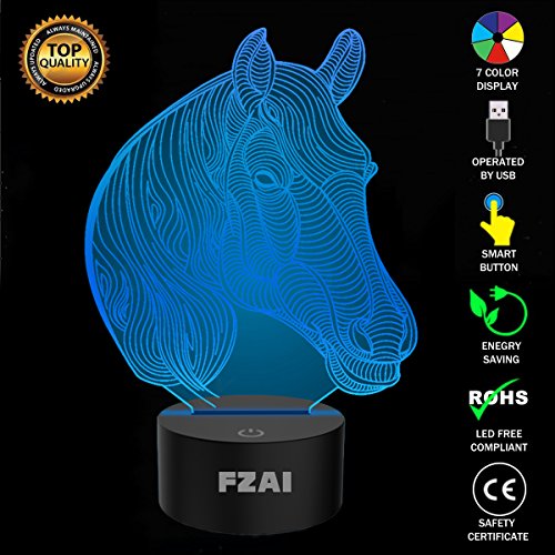 Pferdekopf 3D Optische Illusions-Lampen, FZAI Tolle 7 Farbwechsel Acryl berühren Tabelle Schreibtisch-Nachtlicht mit 150 cm USB-Kabel für Kinder Schlafzimmer Weihnachten Geburtstagsgeschenke
