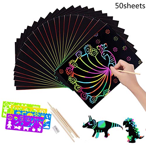 Papel para Rascar 50 hojas Dibujo Scratch Arte de Raspado con 5 Estilográficas De Madera 4 Reglas De Dibujo y 1 Sacapuntas para Niñas o Niños 19.5 * 27cm