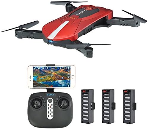 JD-018 Selfie Foldable RC Drone with Camera Live Transmission Wifi FPV APP Control Hover Auto Hover G-Sensor 3D Flip Headless Mode Quadrocopter for all Level Pilots, 3 Batteries, Remote Control, Red / Black