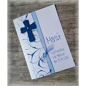 Menü Menükarte Speisekarte Kommunion Konfirmation Firmung Taufe Kreuz blau
