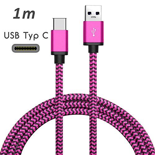 Original COVERLOUNGE – Nylon USB Typ C Kabel / Datenkabel / Ladekabel [2.1 A] für alle Samsung Smartphones mit USB Typ C Anschluss | Farbe: pink | Länge: 1 Meter / 1m - 2