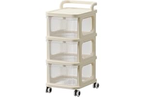 MICHEAR 2/3/4/5-Layers Storage Rack on Wheels Storage Box Shelf Plastic Bedside Table on Wheels, White Cupboard Clothes/Shoes/Toys/Snack Organizer Cart for Living Room/Bedroom/Hallway/Office (3 Drawers)