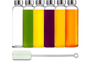 Brieftons Glass Water Bottles With Caps: Clear, 6 Pack, 500ml, Leakproof Lids, Premium Soda Lime, Best As Reusable Drinking Bottle, Sauce Jar, Juice Beverage Container, Kefir Kit, With Cleaning Brush