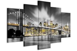 B&D XXL - Tableau décoratif moderne 100x50 cm - Impression sur toile colorée - Décoration murale pour salon et chambre - Ville architecture urbain pont nuit new york lumière 030102-24