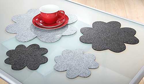 Filz Untersetzer Kleeblatt 19 cm, 4er Set, 2 hellgrau + 2 dunkelgrau, waschbar, Gilde Handwerk