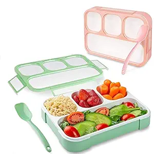 pravyta Leakproof 4 Compartment Plastic Kids Childrens Lunch Box with Removable Divided Container for Girls, Boys and Kids School, Office Lunch Box with Spoon (1Pc- Multi Color)